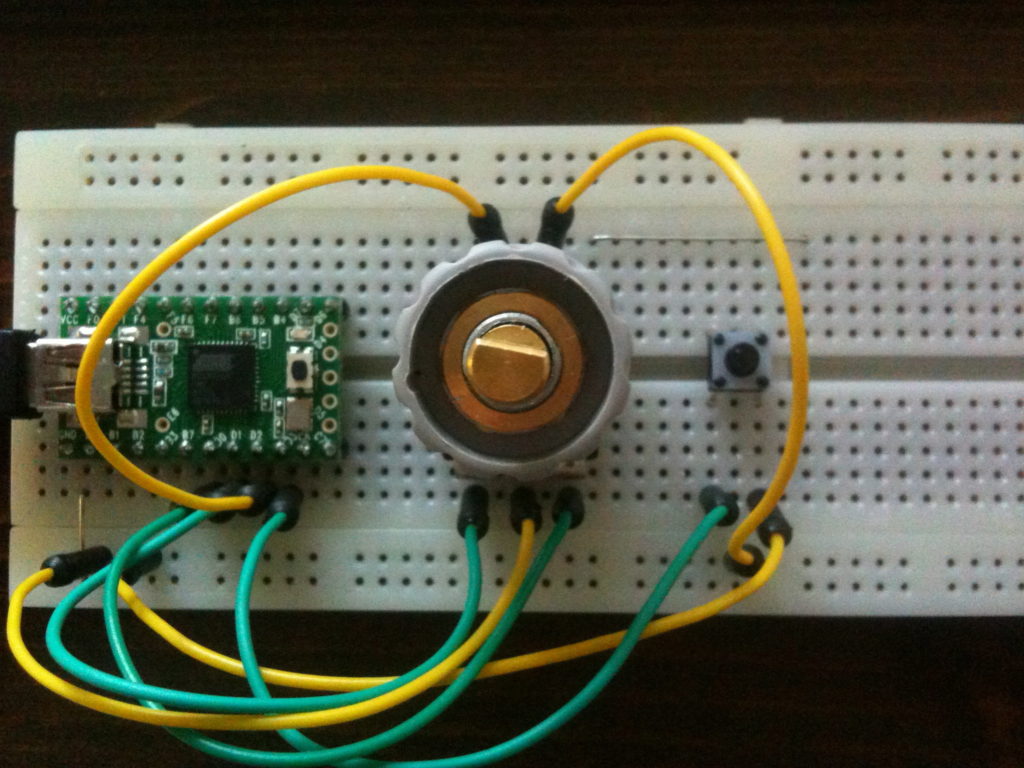 Rotary encoder on a breadboard with a Teensy microcontroller